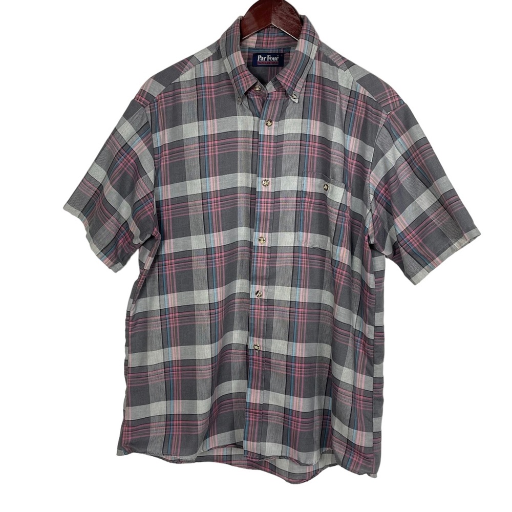 Par Four Sportswear Plaid Button Down Short Sleeve Shirt Size L